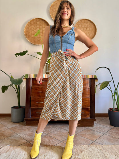 1990's vintage powder blue and brown plaid wrap skirt