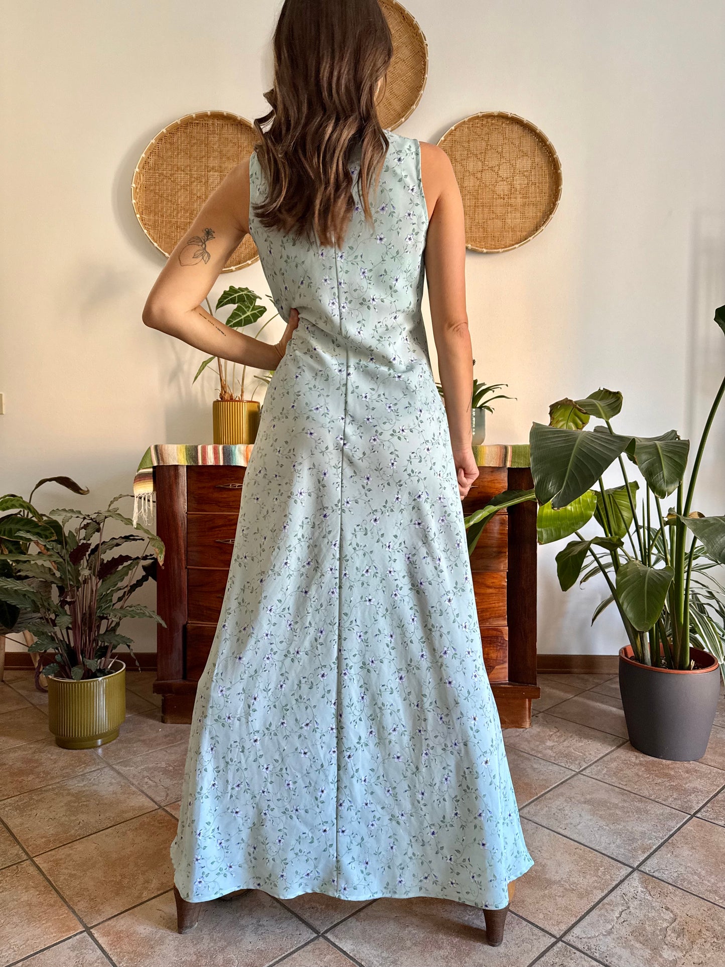 1990's vintage mint green maxi dress with blue and cream floral print