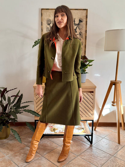 1960's vintage military green tweed wool blazer and skirt set with red lining