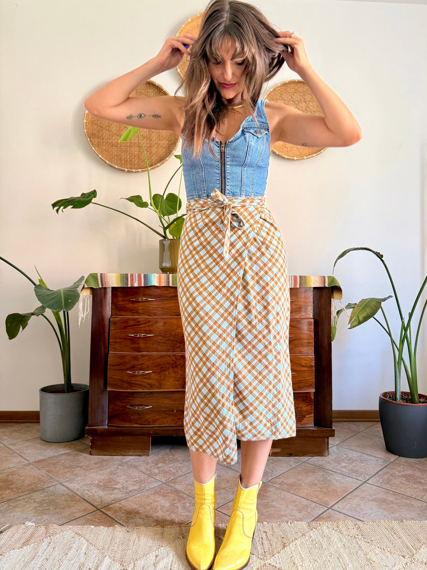 1990's vintage powder blue and brown plaid wrap skirt
