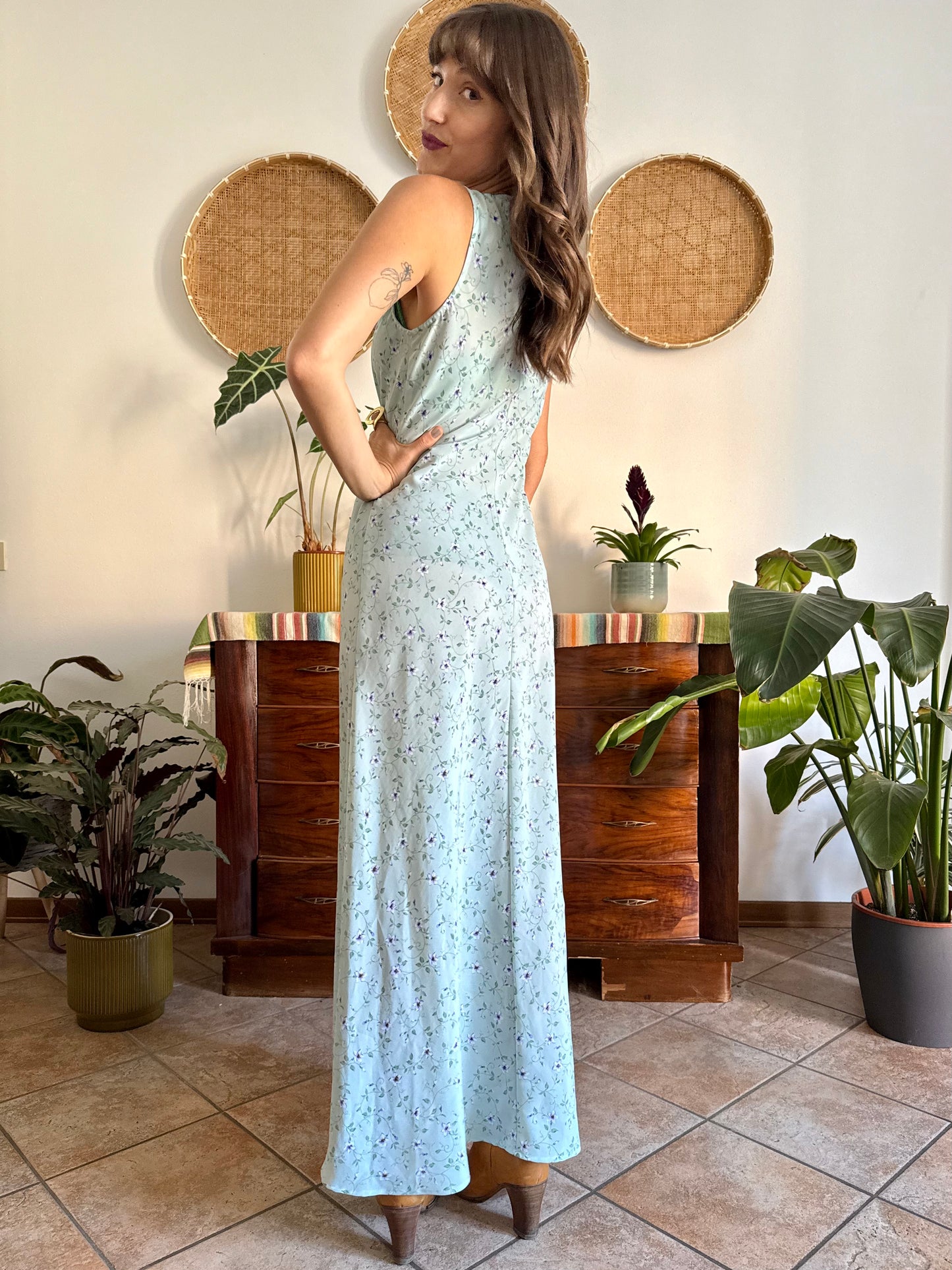 1990's vintage mint green maxi dress with blue and cream floral print
