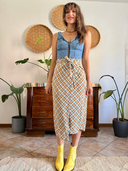 1990's vintage powder blue and brown plaid wrap skirt