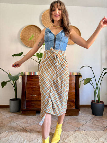 1990's vintage powder blue and brown plaid wrap skirt