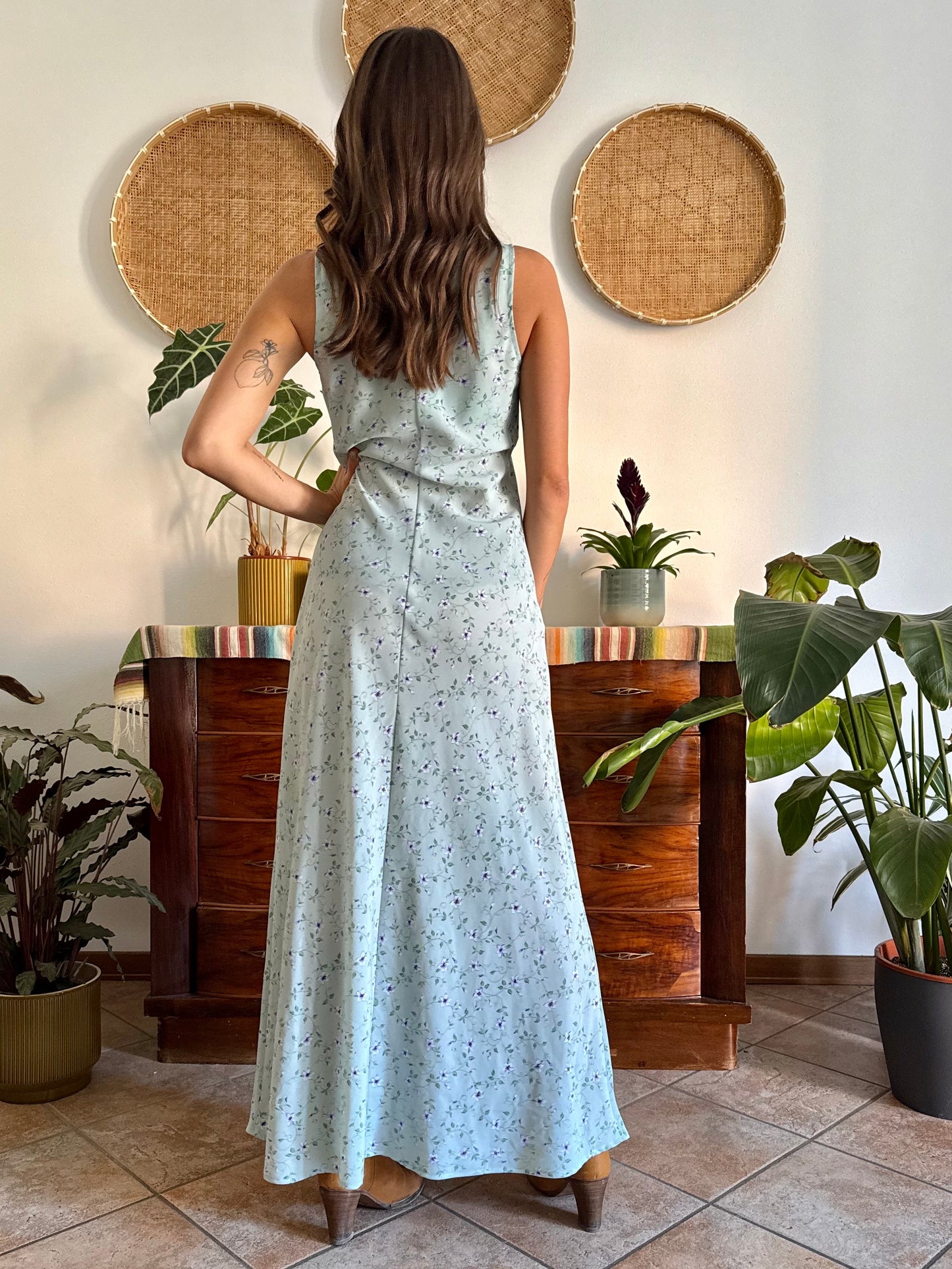1990's vintage mint green maxi dress with blue and cream floral print