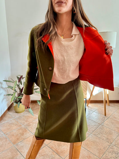 1960's vintage military green tweed wool blazer and skirt set with red lining