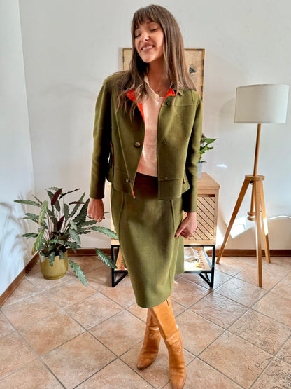 1960's vintage military green tweed wool blazer and skirt set with red lining