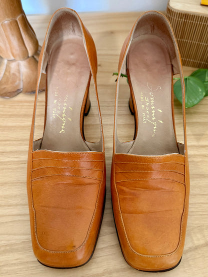 1970's vintage camel leather platform loafers