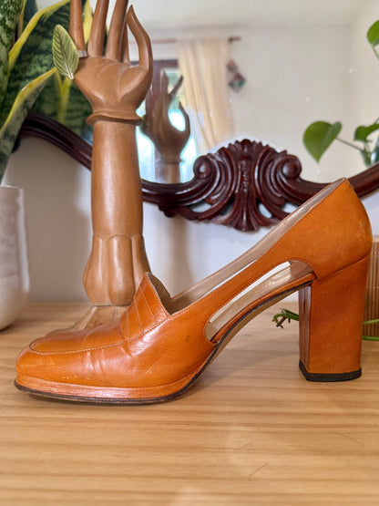 1970's vintage camel leather platform loafers