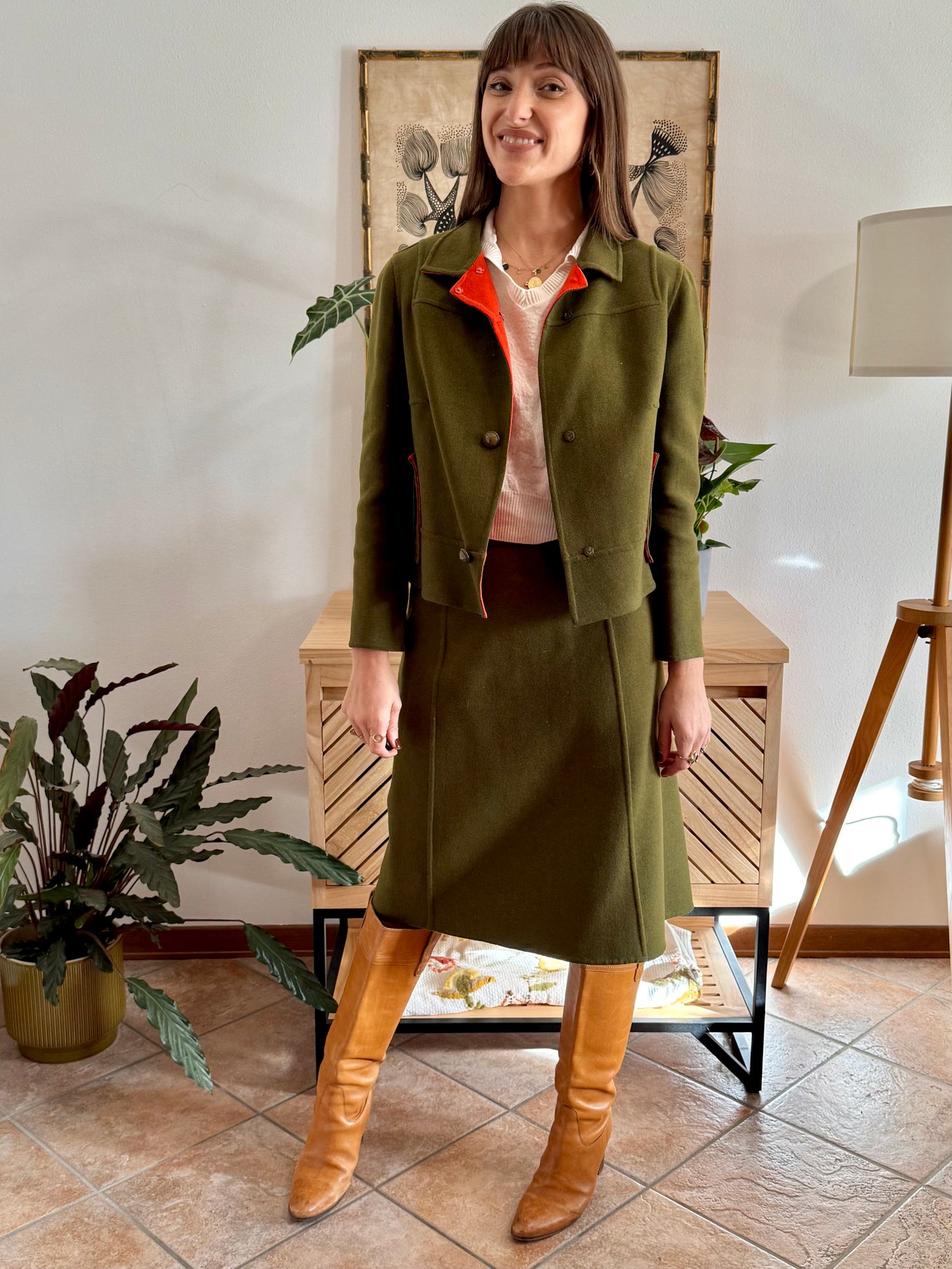 1960's vintage military green tweed wool blazer and skirt set with red lining