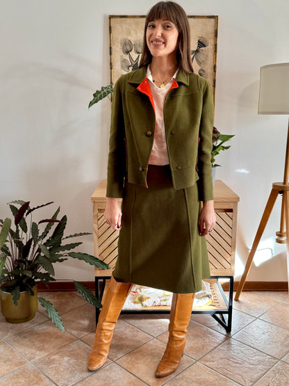 1960's vintage military green tweed wool blazer and skirt set with red lining