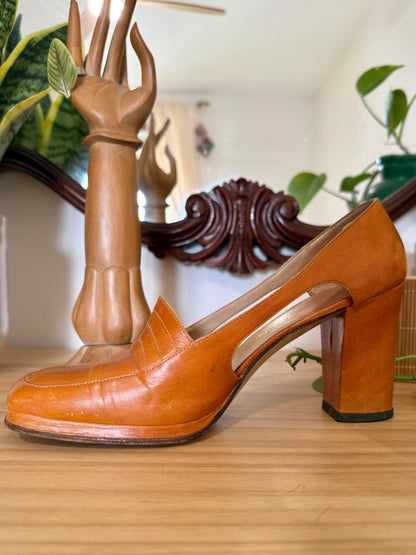 1970's vintage camel leather platform loafers