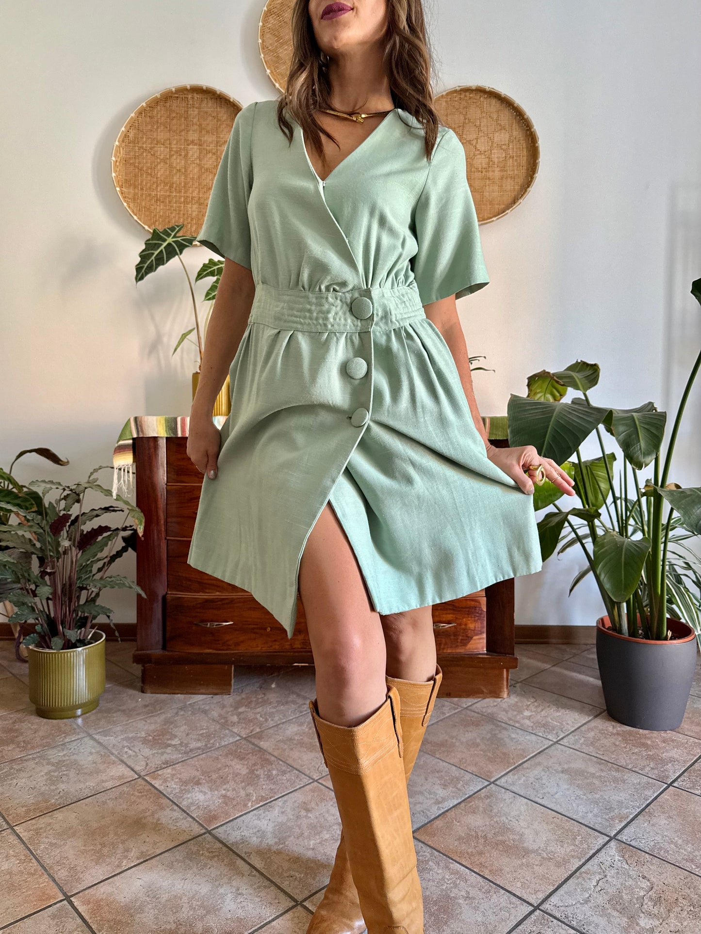 1960's vintage mint green mini dress with oversize button details