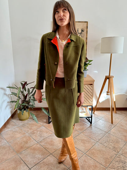 1960's vintage military green tweed wool blazer and skirt set with red lining