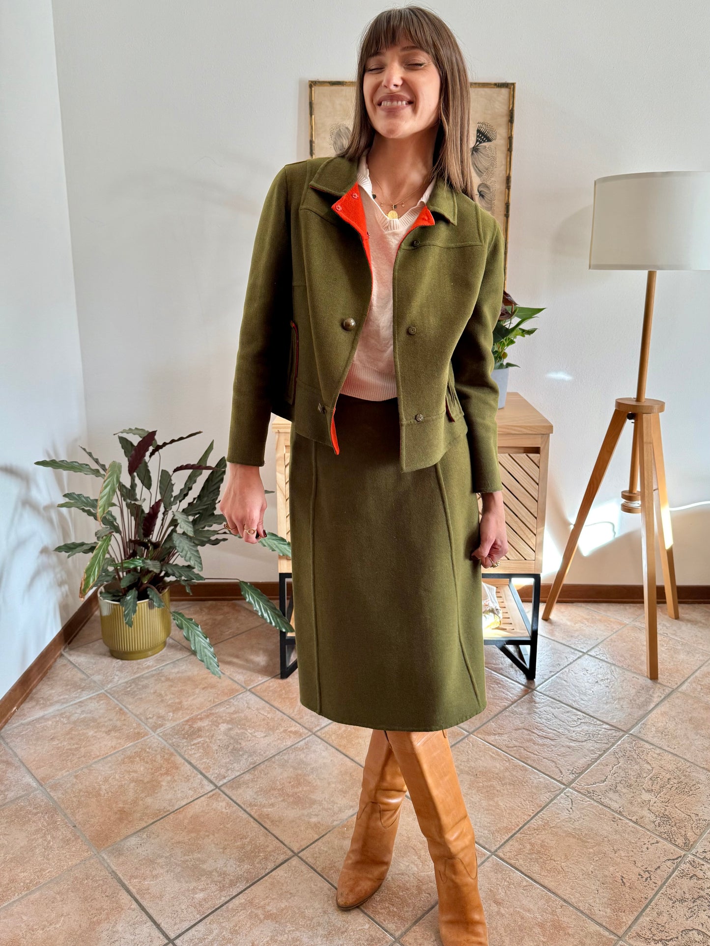 1960's vintage military green tweed wool blazer and skirt set with red lining