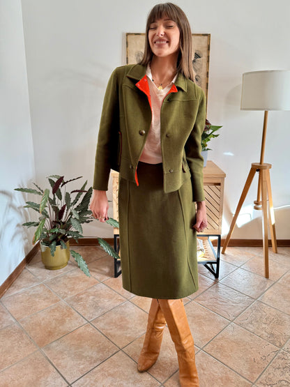 1960's vintage military green tweed wool blazer and skirt set with red lining