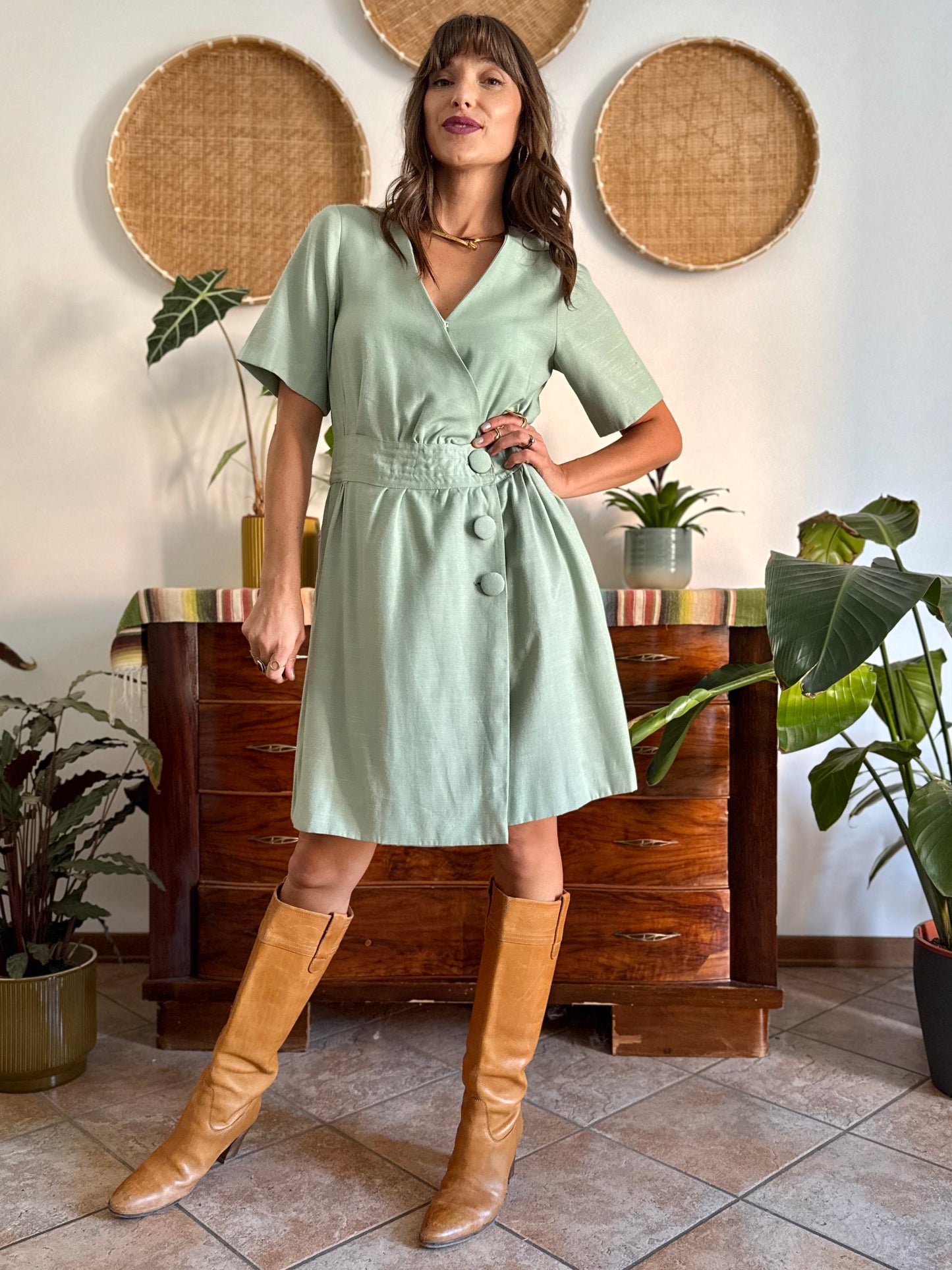 1960's vintage mint green mini dress with oversize button details