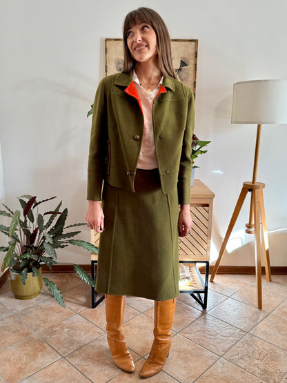 1960's vintage military green tweed wool blazer and skirt set with red lining