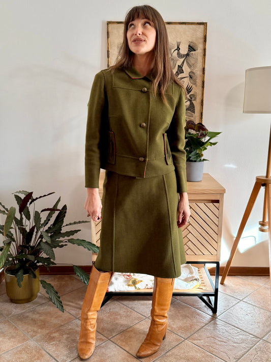 1960's vintage military green tweed wool blazer and skirt set with red lining