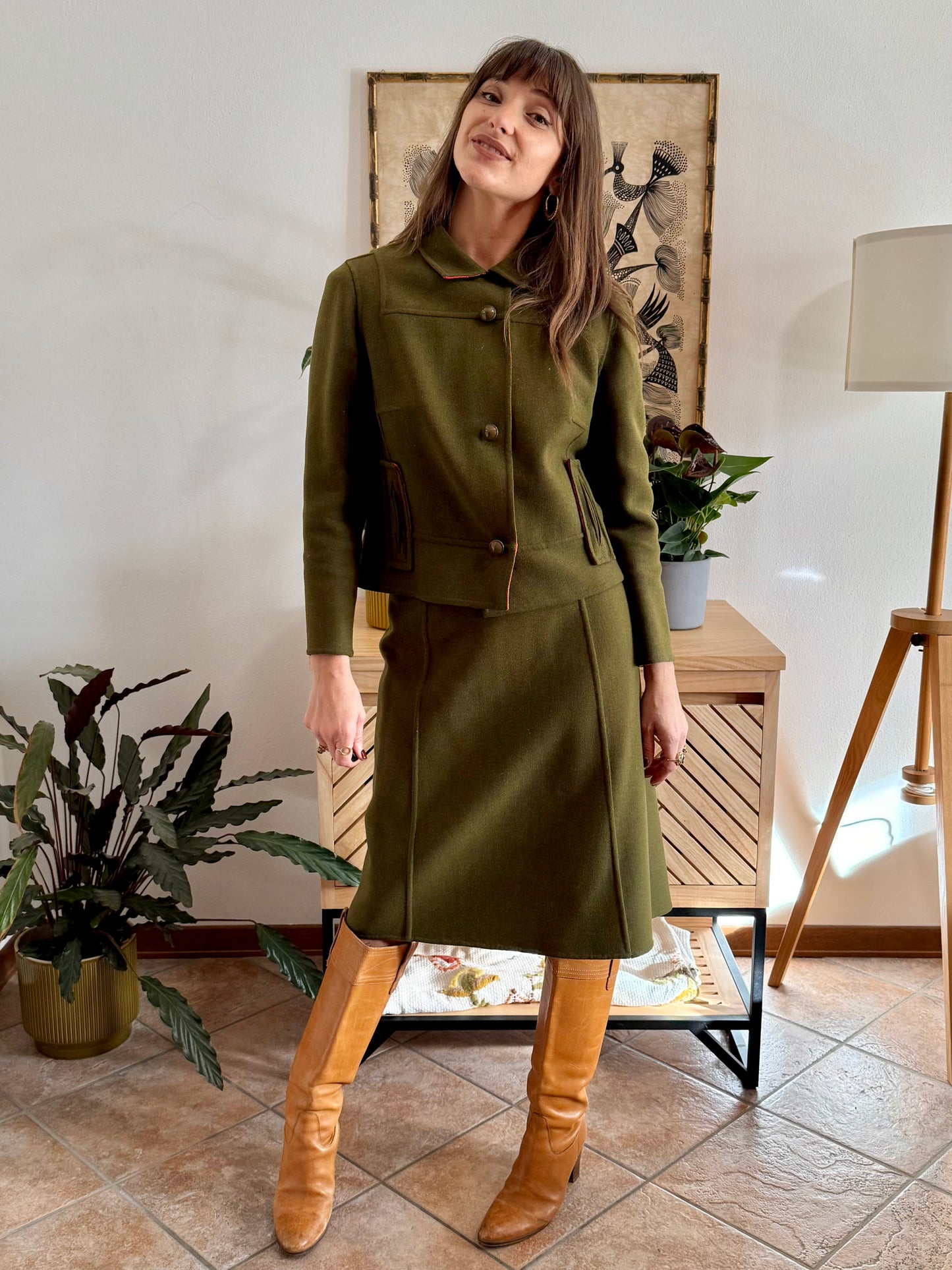 1960's vintage military green tweed wool blazer and skirt set with red lining