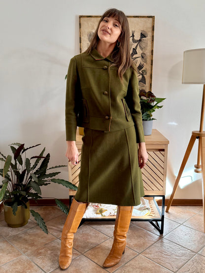 1960's vintage military green tweed wool blazer and skirt set with red lining