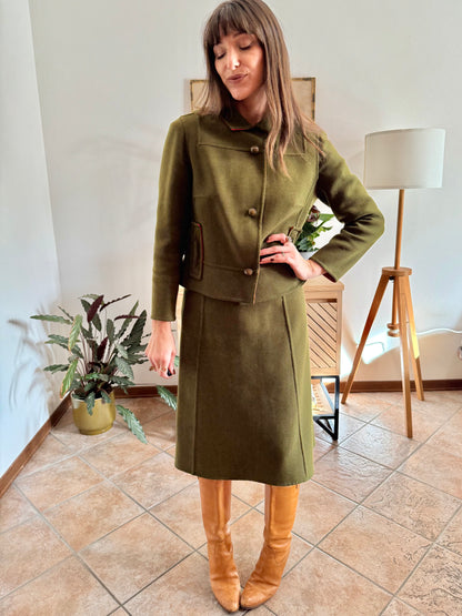1960's vintage military green tweed wool blazer and skirt set with red lining