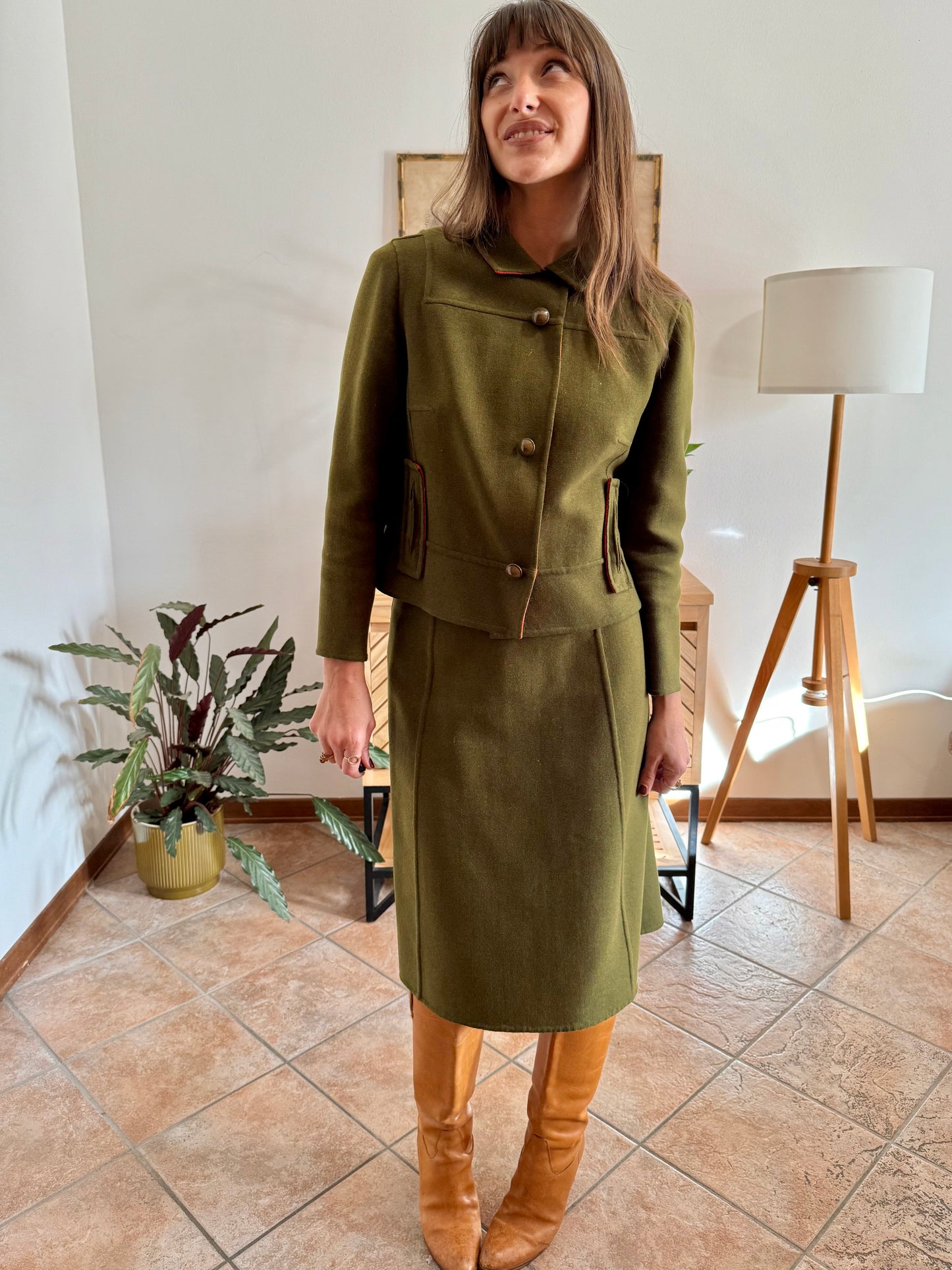 1960's vintage military green tweed wool blazer and skirt set with red lining