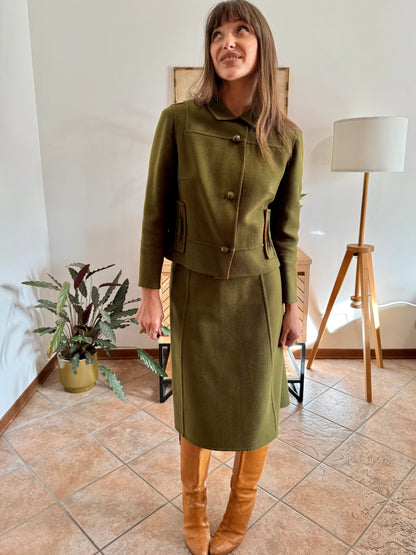 1960's vintage military green tweed wool blazer and skirt set with red lining