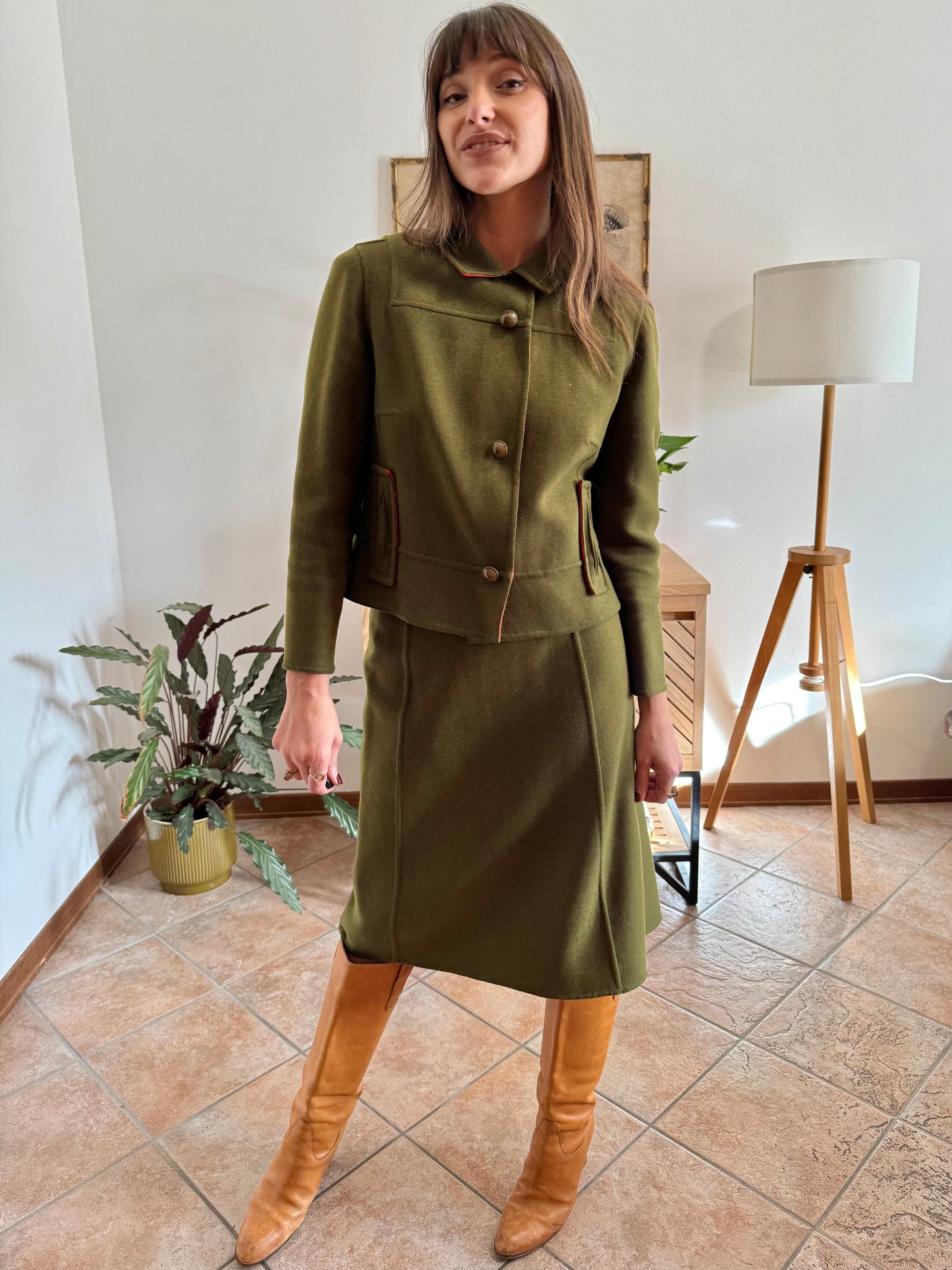 1960's vintage military green tweed wool blazer and skirt set with red lining