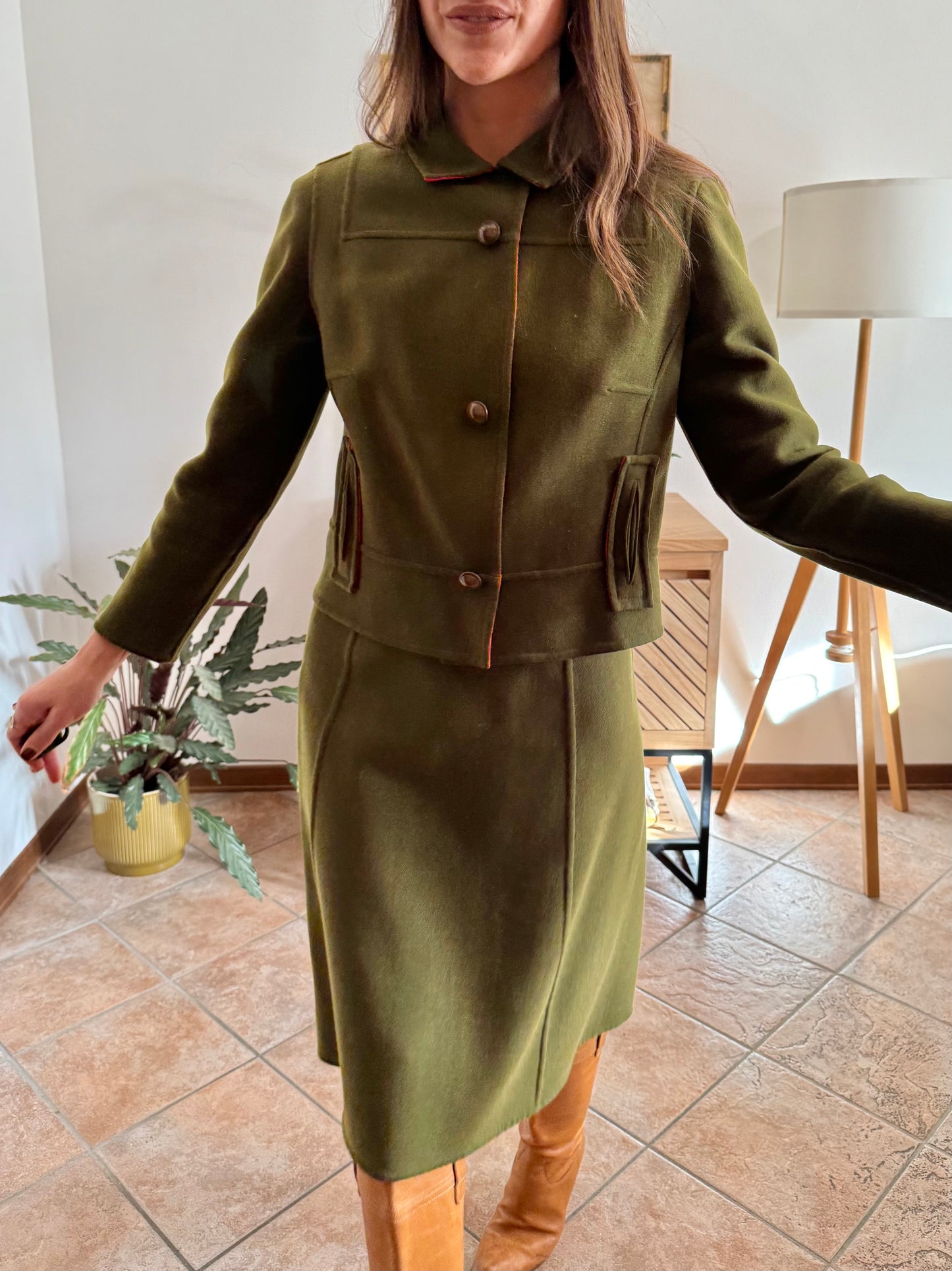 1960's vintage military green tweed wool blazer and skirt set with red lining