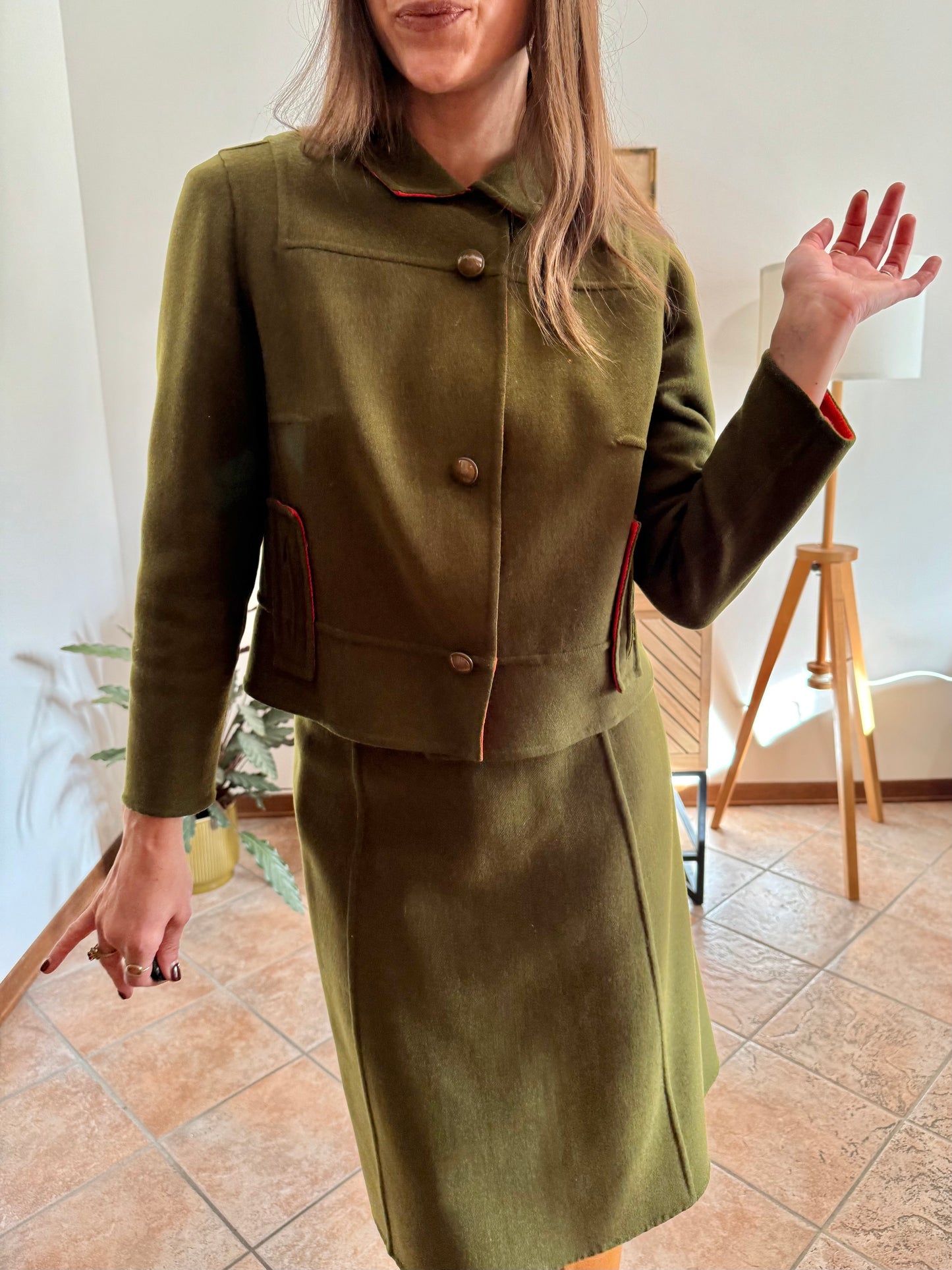 1960's vintage military green tweed wool blazer and skirt set with red lining