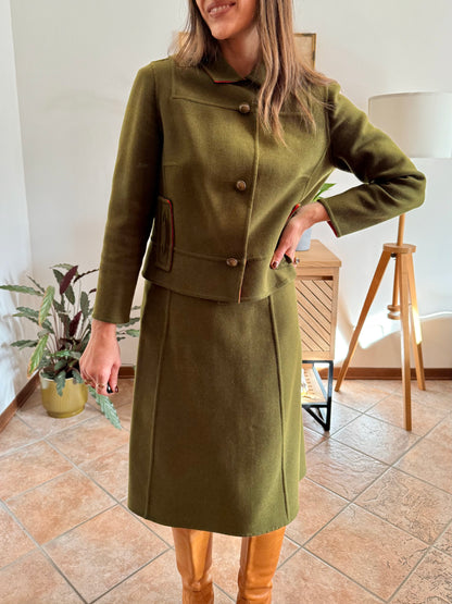 1960's vintage military green tweed wool blazer and skirt set with red lining