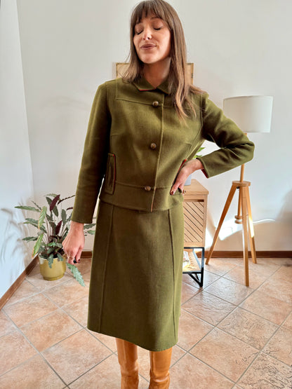 1960's vintage military green tweed wool blazer and skirt set with red lining