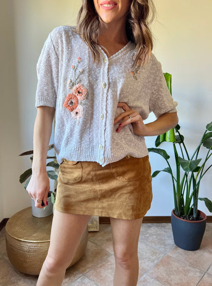 1970's vintage oatmeal knit cardigan top with peach floral embroidery with glass bead details