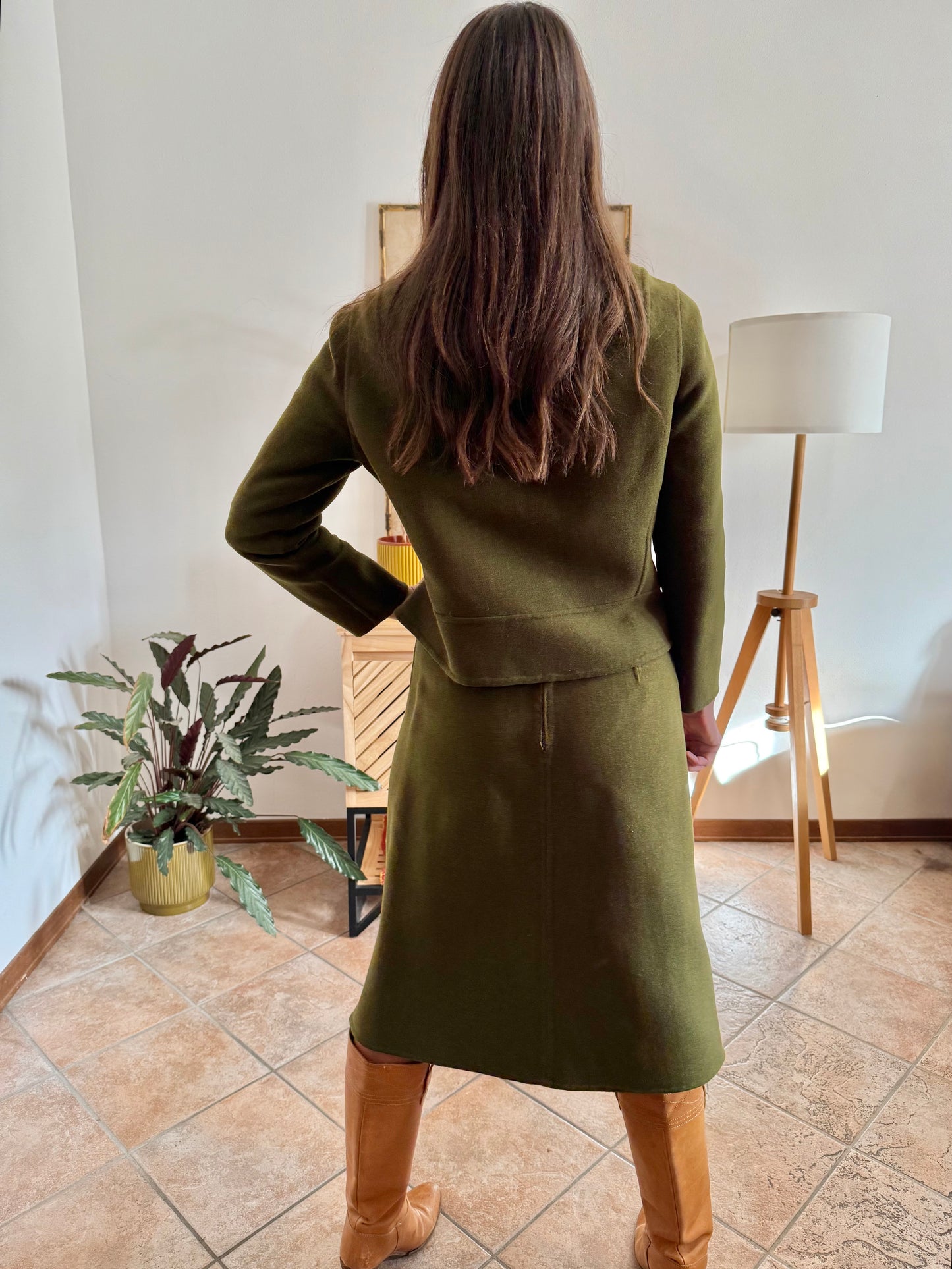 1960's vintage military green tweed wool blazer and skirt set with red lining