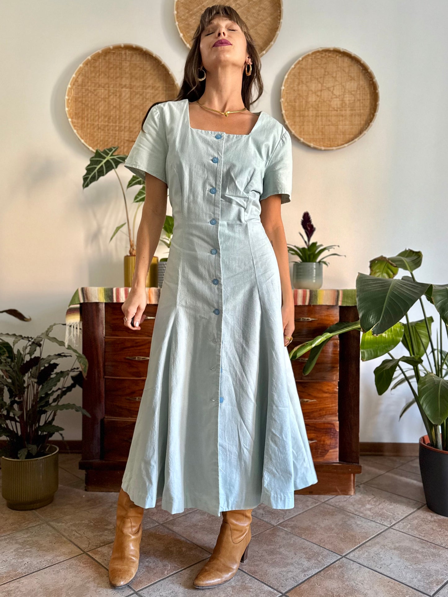 1970's vintage light blue structured button down maxi dress