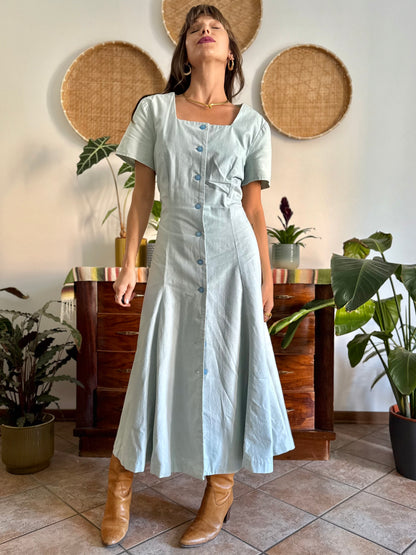 1970's vintage light blue structured button down maxi dress