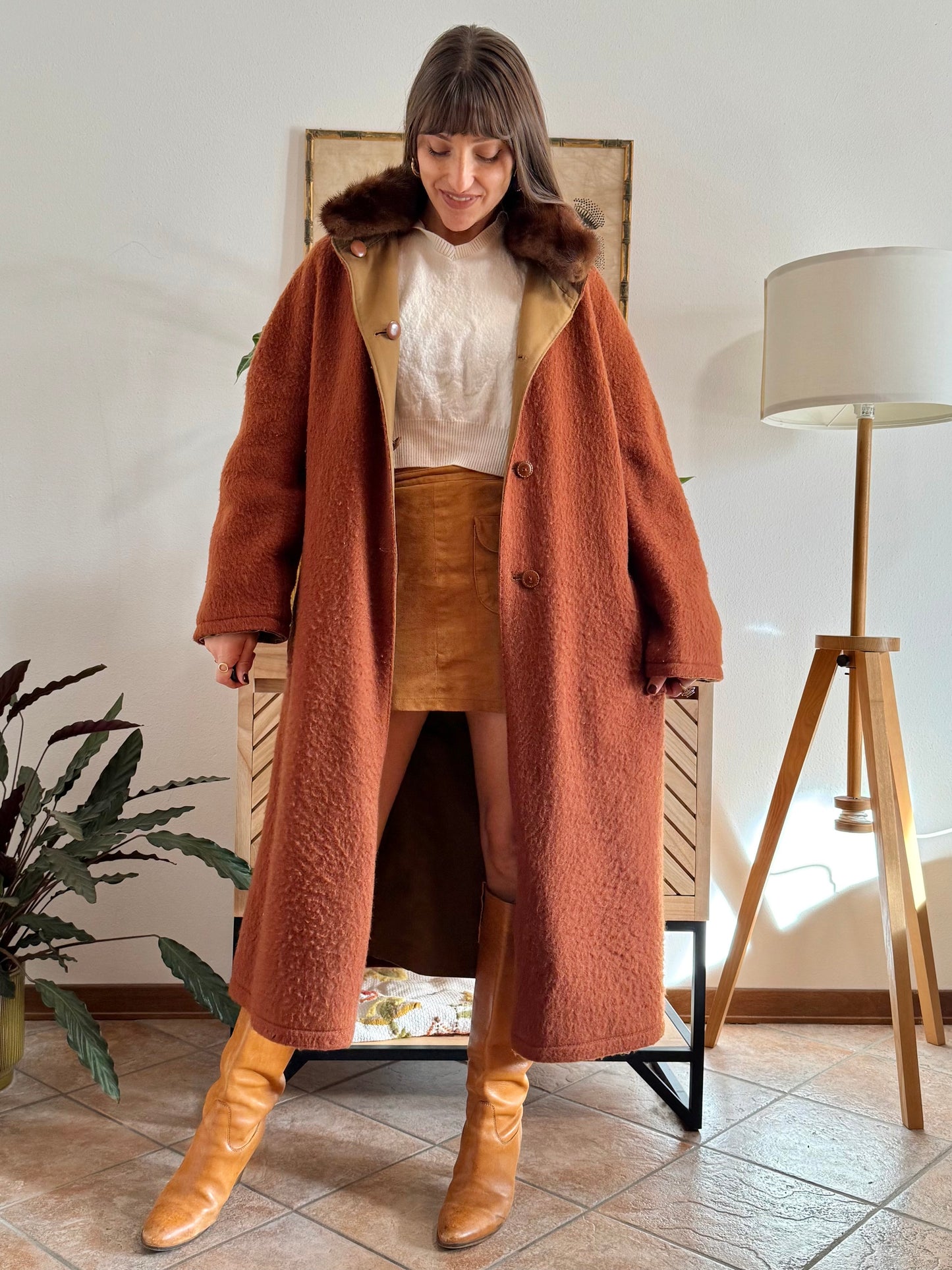 1970's vintage beige and dark orange reversable wool overcoat
