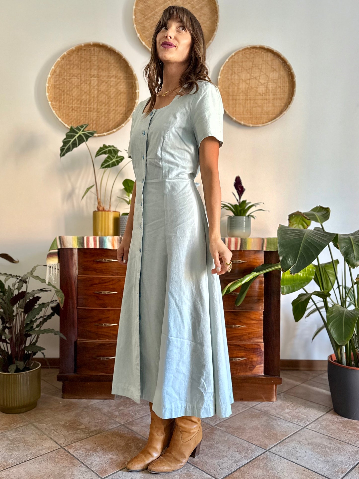 1970's vintage light blue structured button down maxi dress