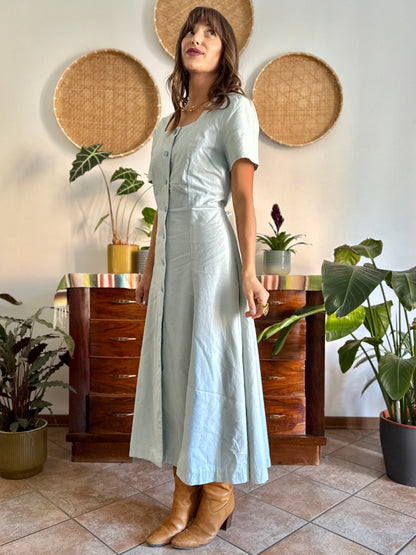 1970's vintage light blue structured button down maxi dress