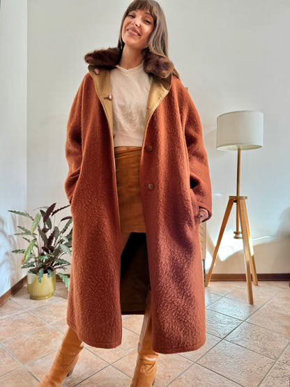 1970's vintage beige and dark orange reversable wool overcoat