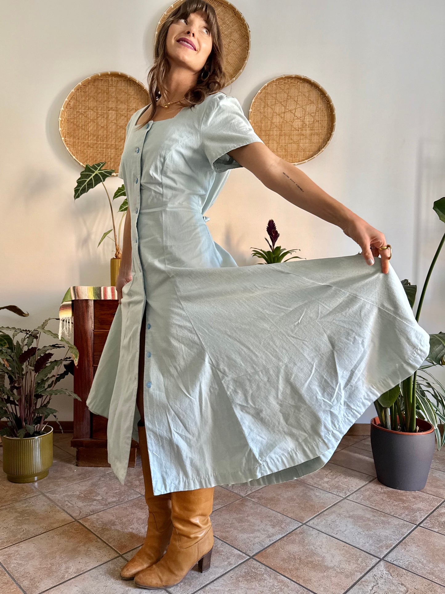 1970's vintage light blue structured button down maxi dress