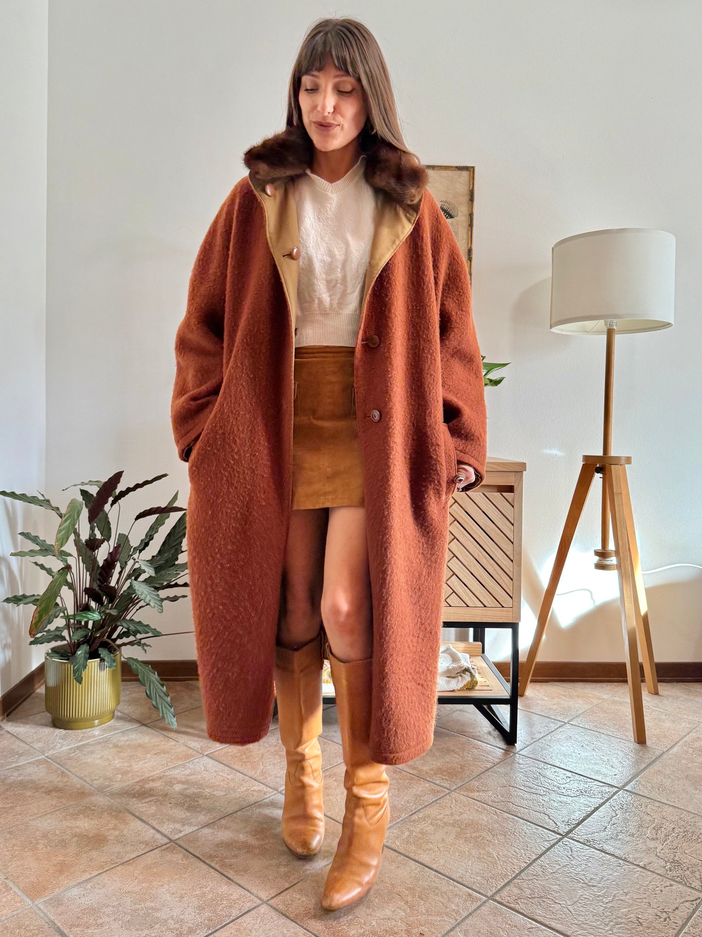 1970's vintage beige and dark orange reversable wool overcoat