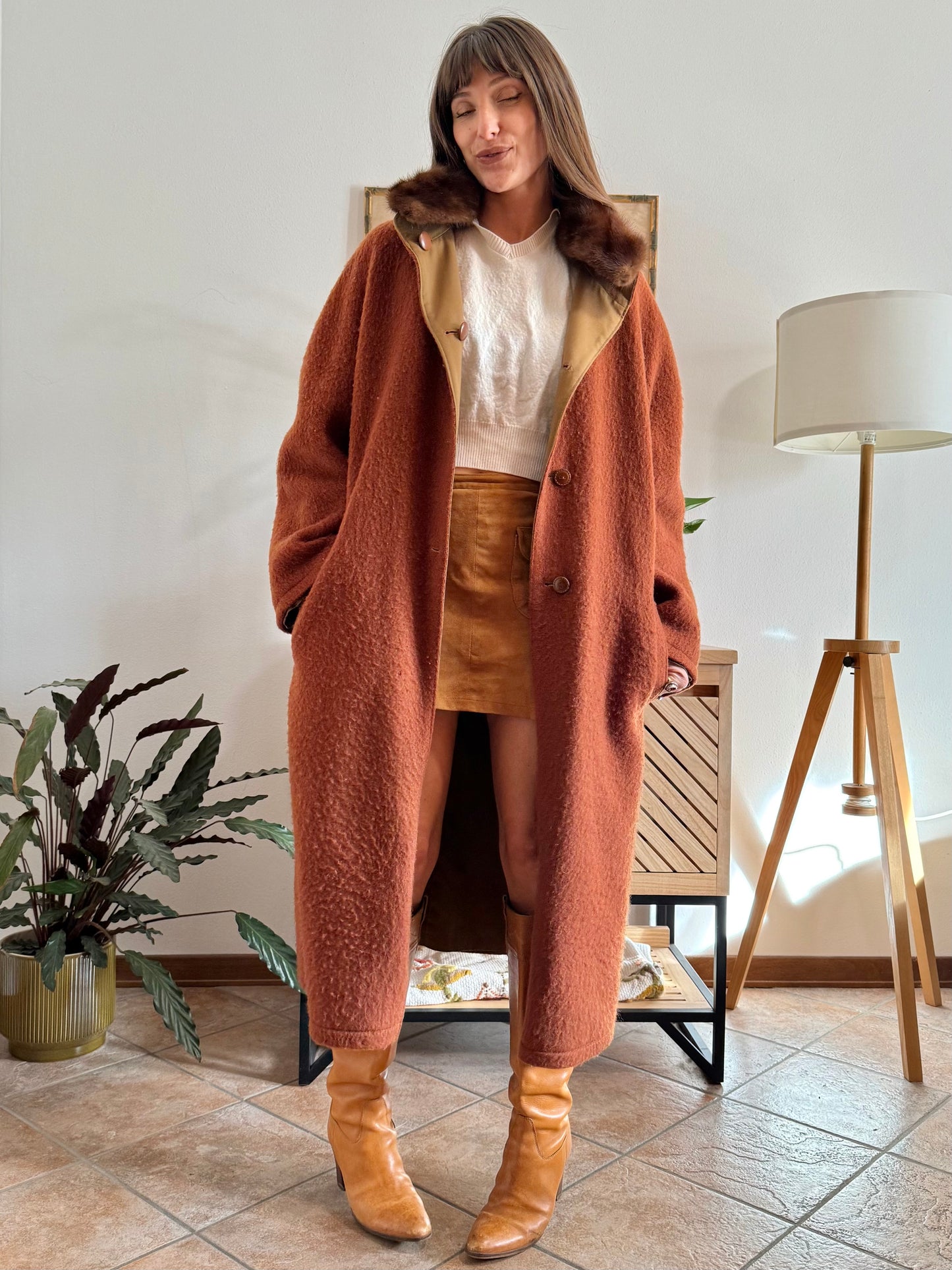 1970's vintage beige and dark orange reversable wool overcoat