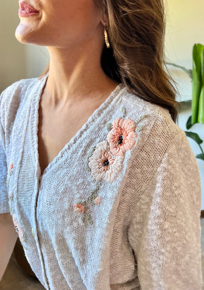 1970's vintage oatmeal knit cardigan top with peach floral embroidery with glass bead details