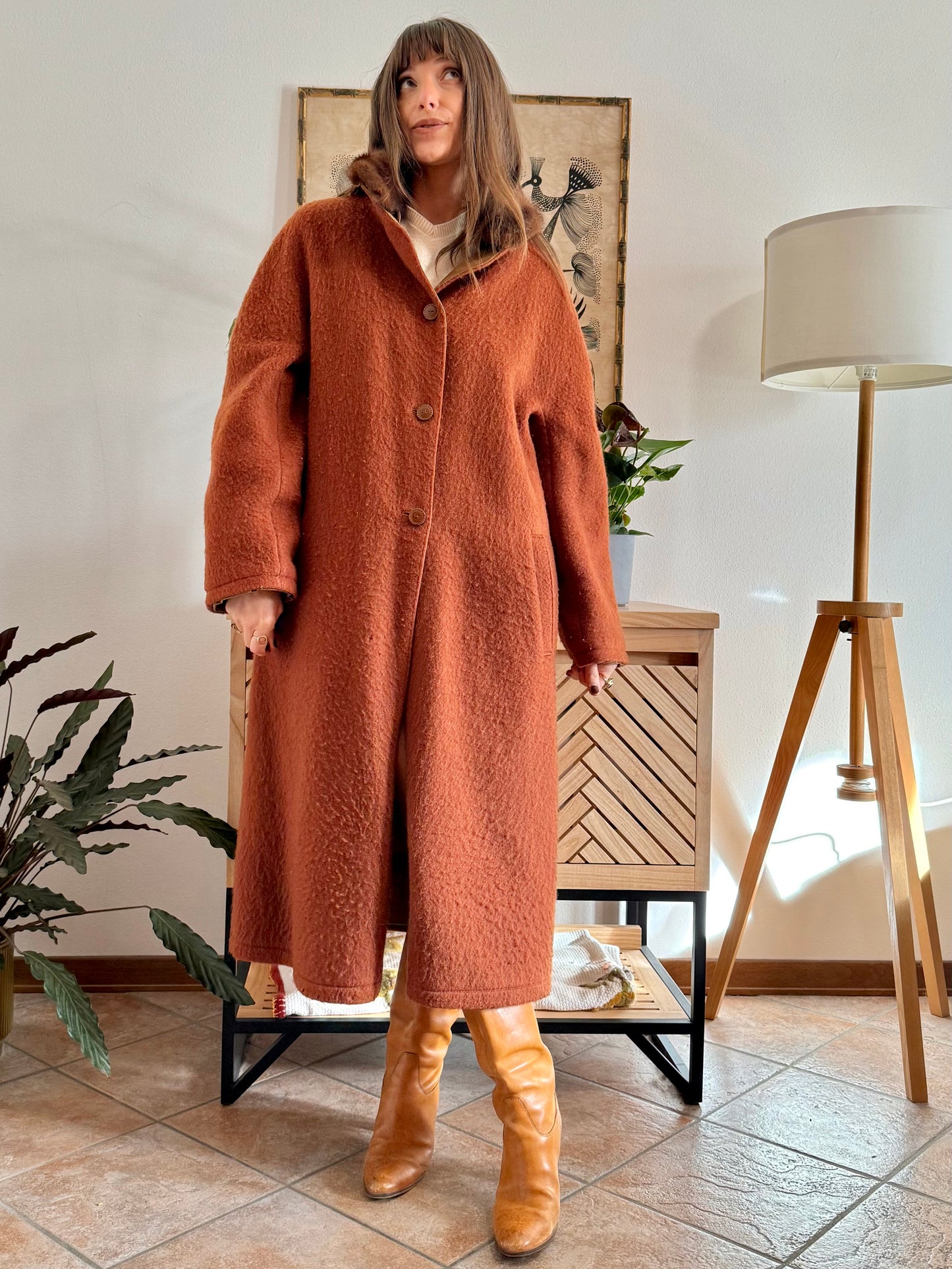 1970's vintage beige and dark orange reversable wool overcoat