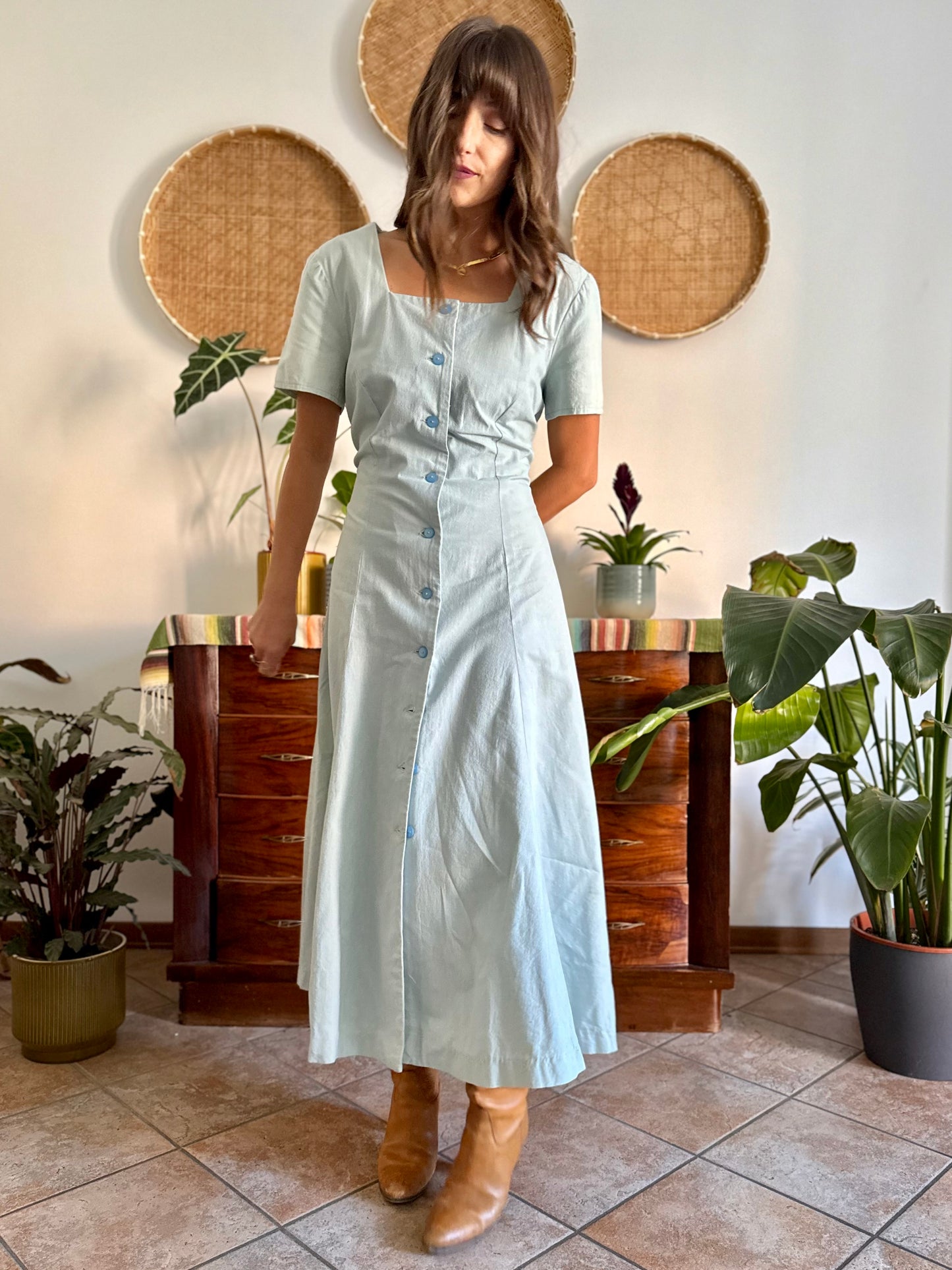 1970's vintage light blue structured button down maxi dress