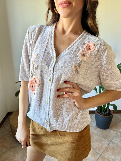 1970's vintage oatmeal knit cardigan top with peach floral embroidery with glass bead details