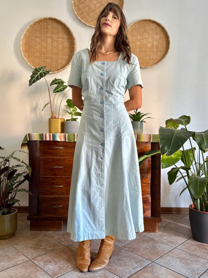 1970's vintage light blue structured button down maxi dress