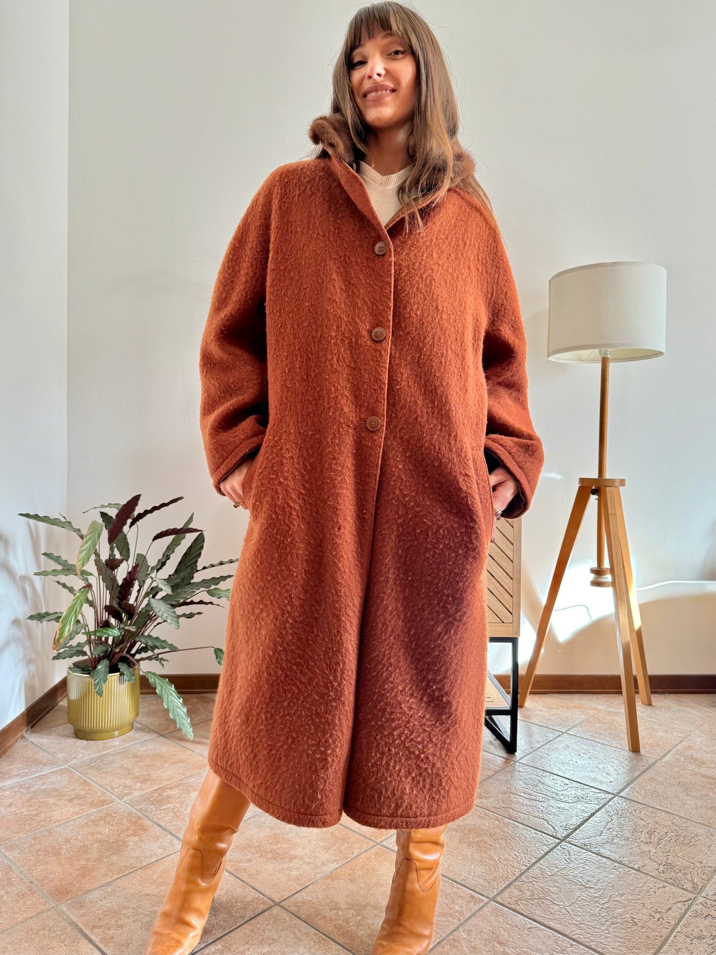 1970's vintage beige and dark orange reversable wool overcoat