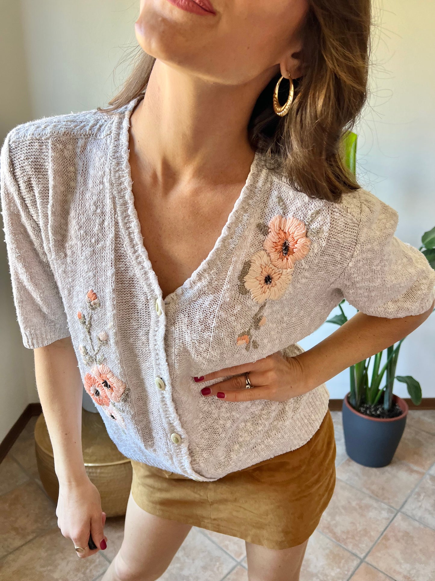 1970's vintage oatmeal knit cardigan top with peach floral embroidery with glass bead details